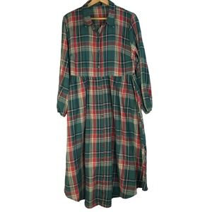 BLOOMCHIC Plaid Button Front Midi Dress Long Sleeve Green Red Tan Plus Size 16